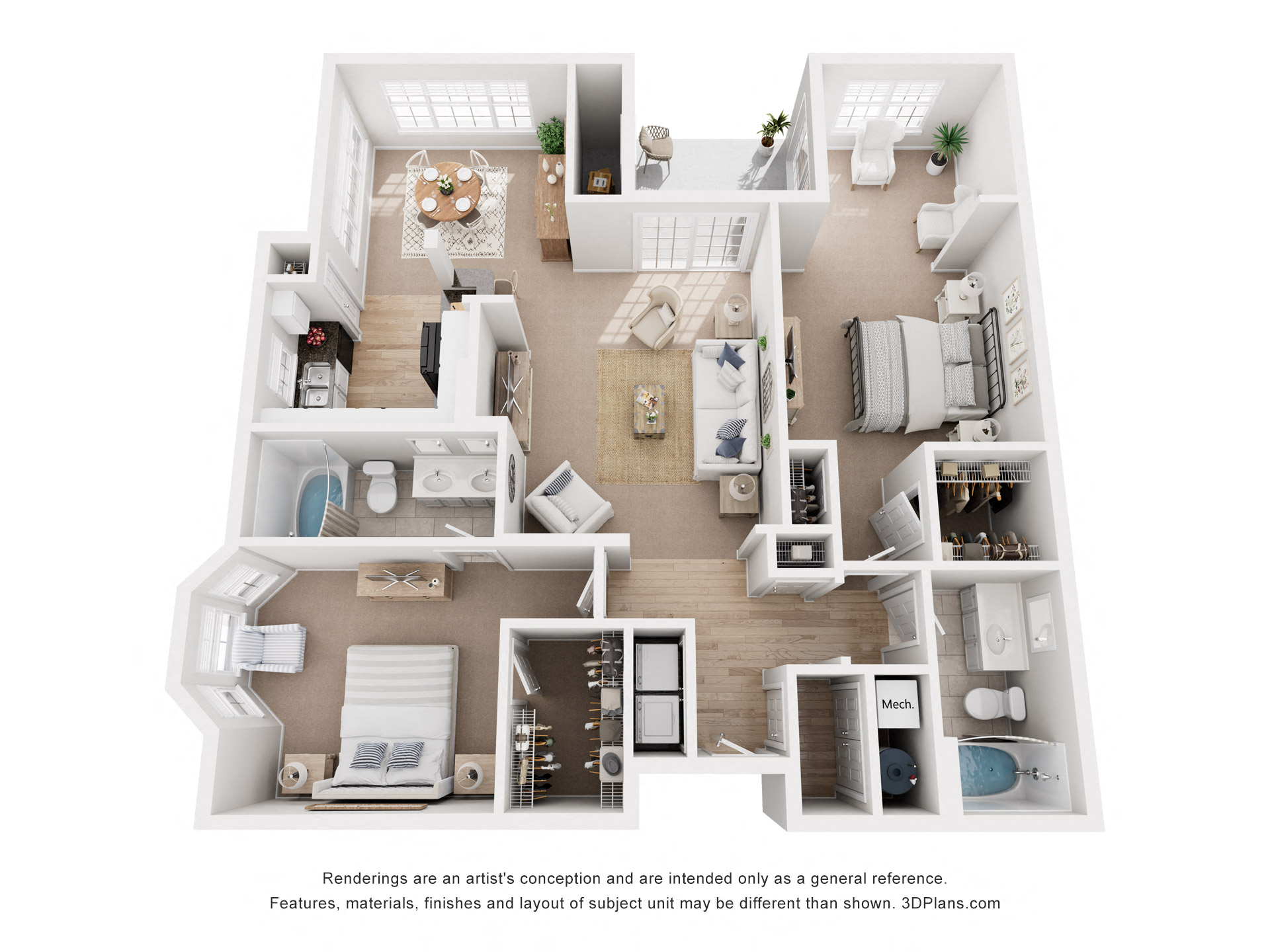 Floor plan for 2 beds, 2 baths, 1271 sqft